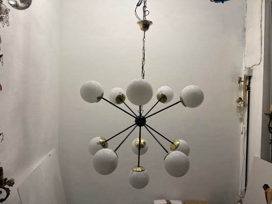 Large Black Metal, Brass & Opaline Glass Sputnik Chandelier, 1990s-JJC-1784099