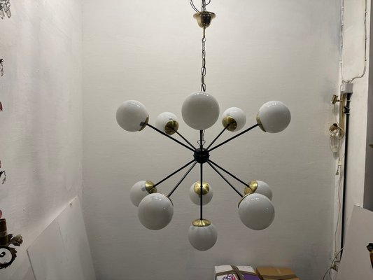 Large Black Metal, Brass & Opaline Glass Sputnik Chandelier, 1990s-JJC-1784099