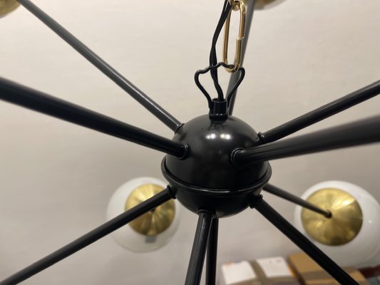 Large Black Metal, Brass & Opaline Glass Sputnik Chandelier, 1990s-JJC-1784099