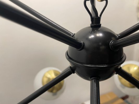 Large Black Metal, Brass & Opaline Glass Sputnik Chandelier, 1990s-JJC-1784099