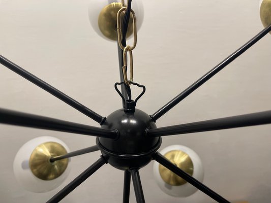 Large Black Metal, Brass & Opaline Glass Sputnik Chandelier, 1990s-JJC-1784099