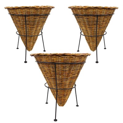 Large Black Metal Frame & Wicker Baskets, 1950s, Set of 3-RY-1171922