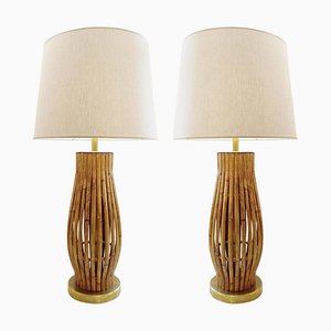 Large Brass and Bamboo Table Lamps, Set of 2-FGA-923704