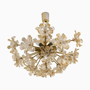 Large Brass and Glass Murano Flower Chandelier, Italy, 1970-VDW-826916