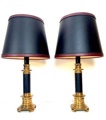 Large Brass and Leather Table Lamps from Maison Jansen, France, 1970s, Set of 2-WZZ-1445027