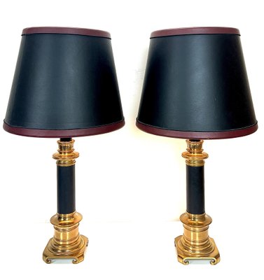 Large Brass and Leather Table Lamps from Maison Jansen, France, 1970s, Set of 2-WZZ-1445027