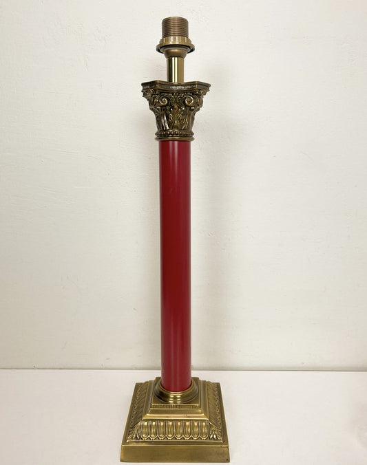 Large Brass and Red Lacqued Corinthian Column Table Lamp, 1970s