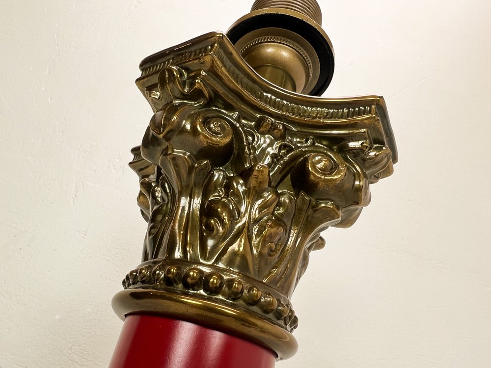 Large Brass and Red Lacqued Corinthian Column Table Lamp, 1970s