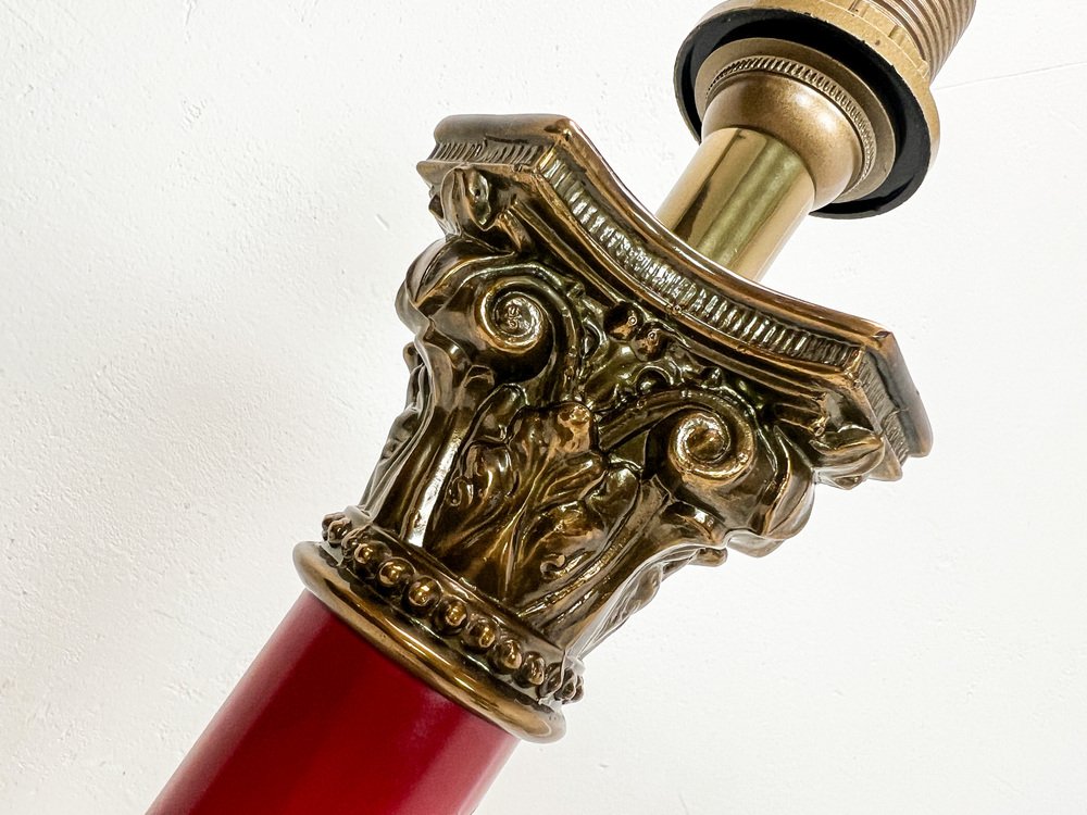 Large Brass and Red Lacqued Corinthian Column Table Lamp, 1970s