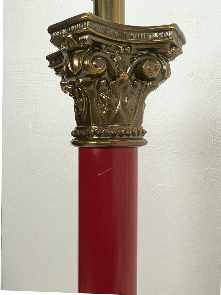 Large Brass and Red Lacqued Corinthian Column Table Lamp, 1970s