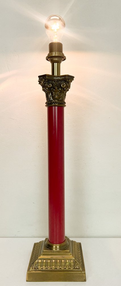 Large Brass and Red Lacqued Corinthian Column Table Lamp, 1970s