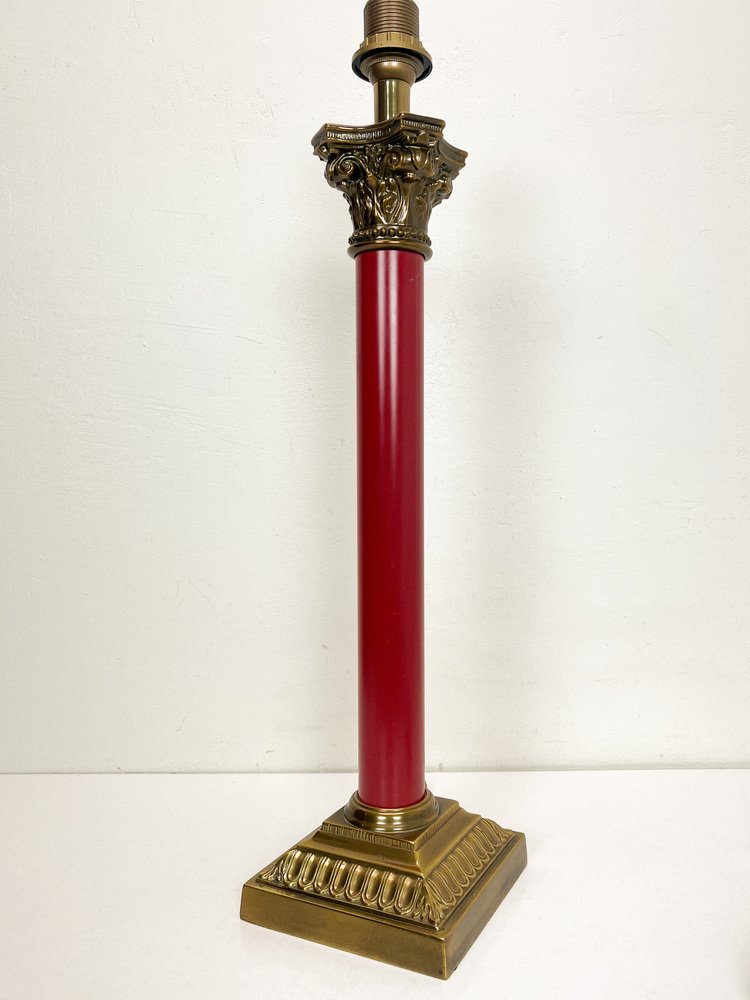 Large Brass and Red Lacqued Corinthian Column Table Lamp, 1970s