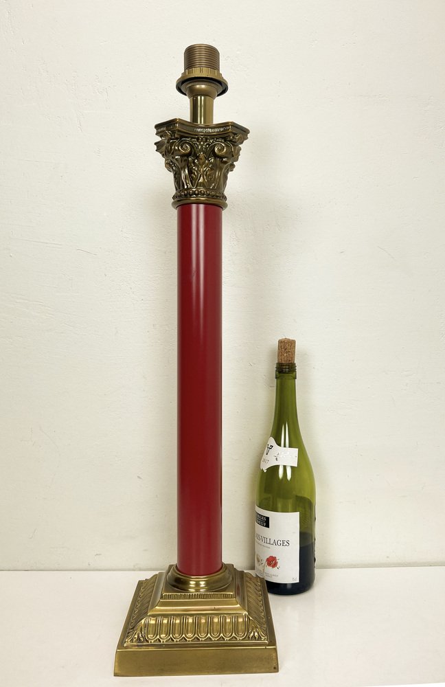 Large Brass and Red Lacqued Corinthian Column Table Lamp, 1970s