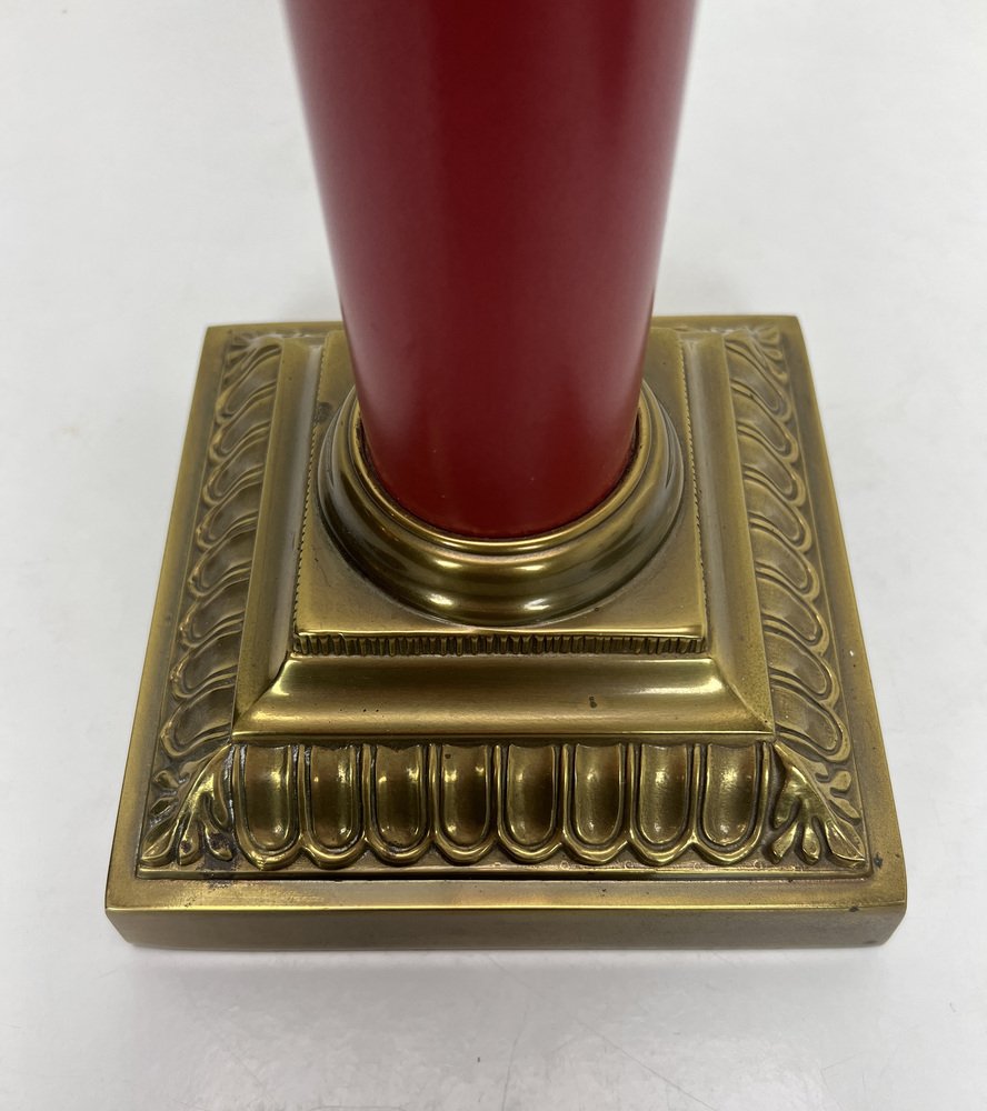 Large Brass and Red Lacqued Corinthian Column Table Lamp, 1970s