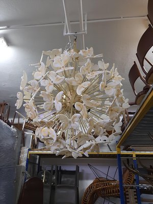 Large Brass Ceiling Lamp with White & Gold Murano Glass Butterflies from Made Murano Glass-OHK-870486