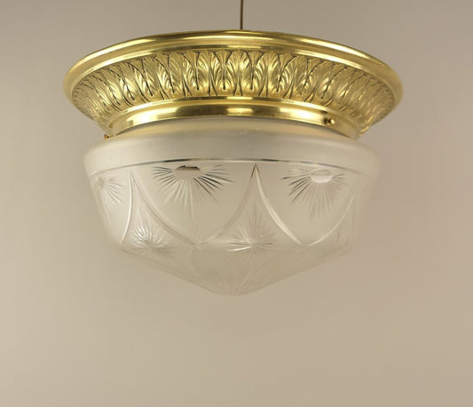 Large Brass Ceiling Light with Hand-Cut Lead Crystal Shade, France, 1920s