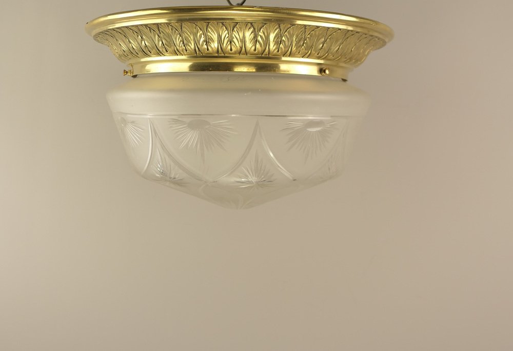 Large Brass Ceiling Light with Hand-Cut Lead Crystal Shade, France, 1920s