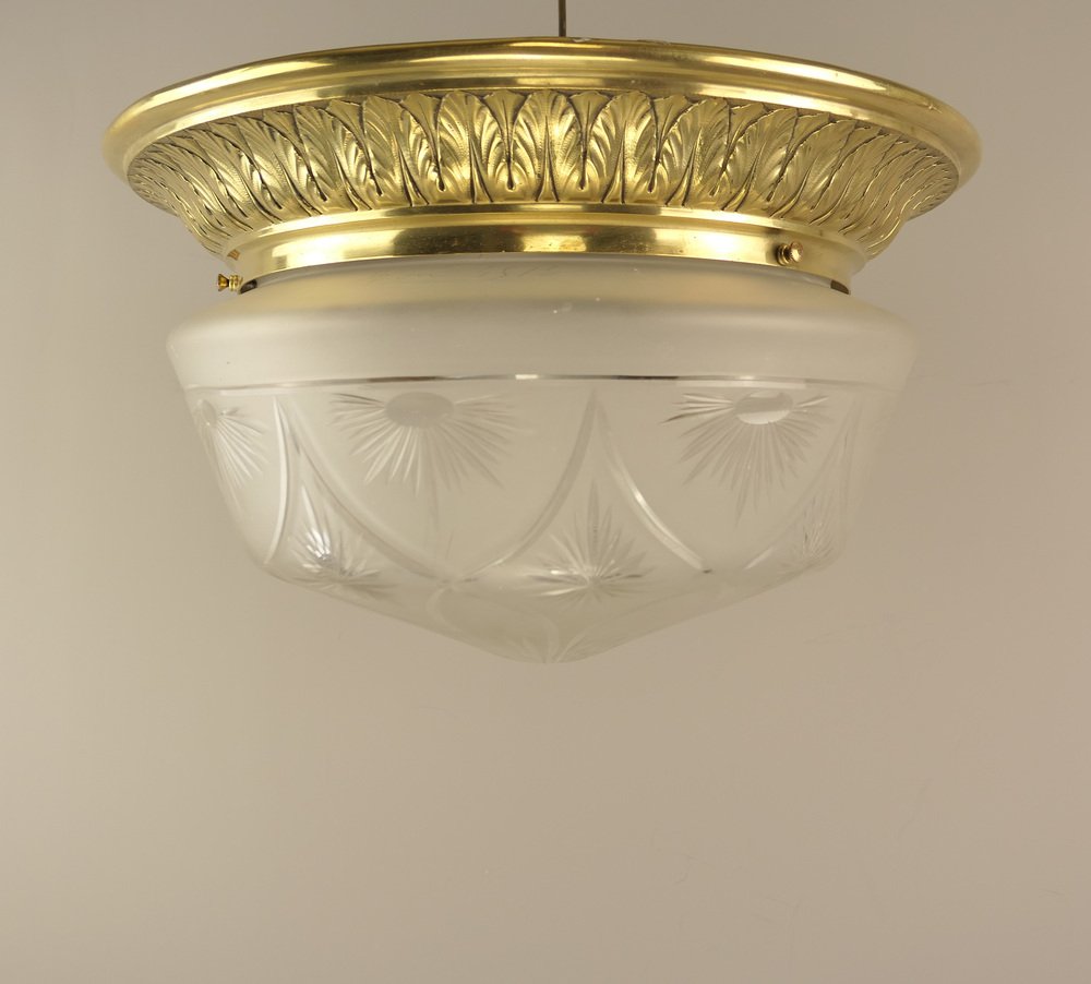 Large Brass Ceiling Light with Hand-Cut Lead Crystal Shade, France, 1920s