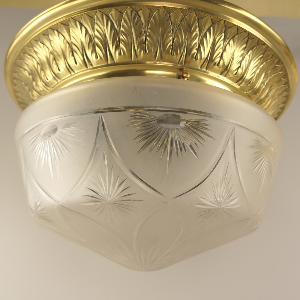 Large Brass Ceiling Light with Hand-Cut Lead Crystal Shade, France, 1920s