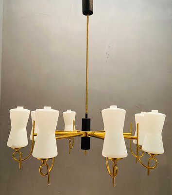 Large Brass Chandelier with Opaline Glass Shades from Stilnovo, 1950s-JJC-743325