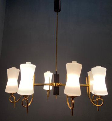 Large Brass Chandelier with Opaline Glass Shades from Stilnovo, 1950s-JJC-743325