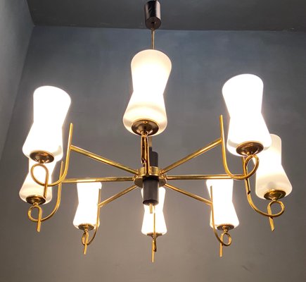 Large Brass Chandelier with Opaline Glass Shades from Stilnovo, 1950s-JJC-743325