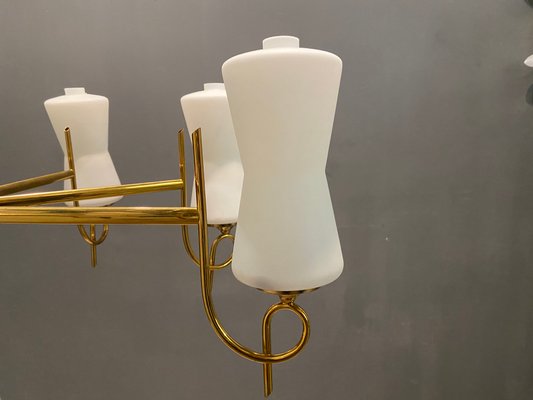 Large Brass Chandelier with Opaline Glass Shades from Stilnovo, 1950s-JJC-743325