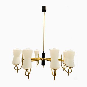 Large Brass Chandelier with Opaline Glass Shades from Stilnovo, 1950s-JJC-743325