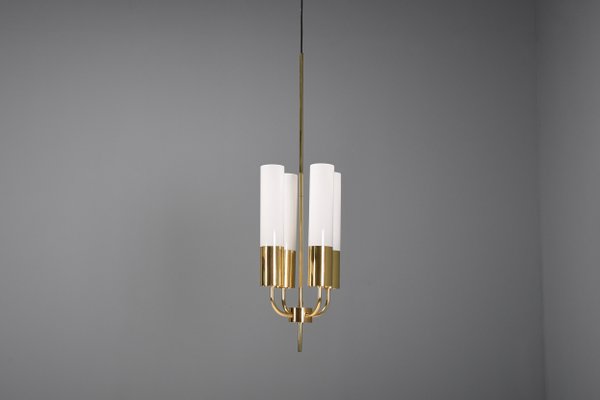 Large Brass & Opaline Chandelier from Glashütte Limburg, 1970s-QT-1732657