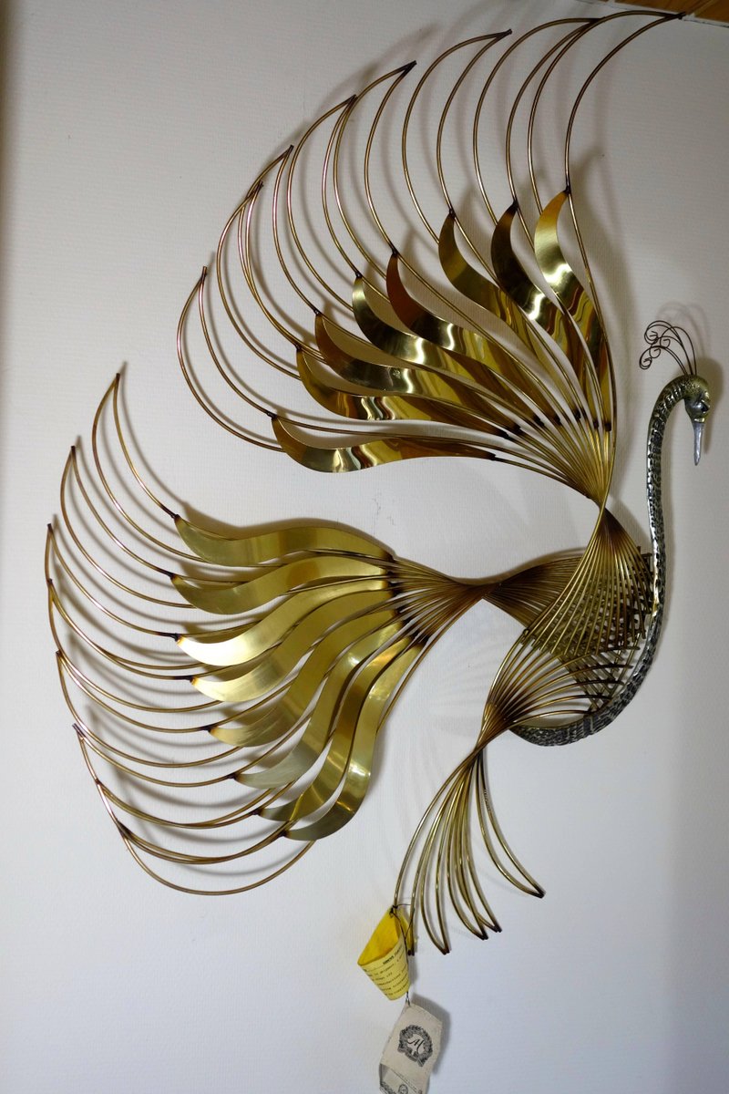 Large Brass Peacock Wall Sculpture by Curtis Jeré, 1980s