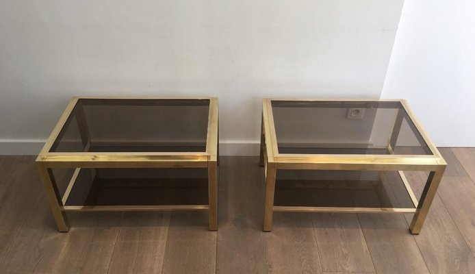 Large Brass & Smoked Glass Side Tables, 1970s, Set of 2-BA-658491