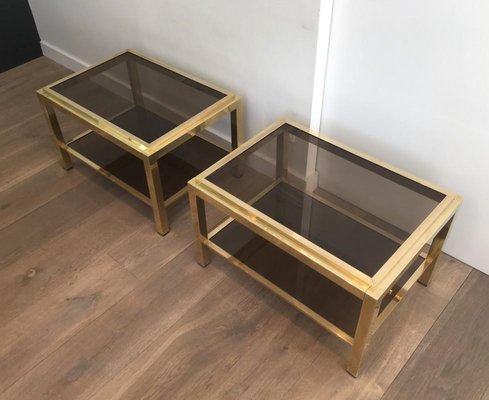 Large Brass & Smoked Glass Side Tables, 1970s, Set of 2-BA-658491