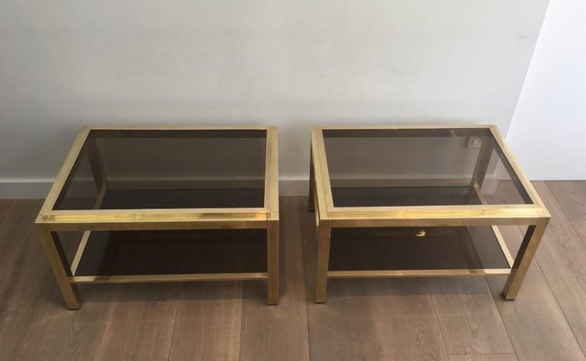 Large Brass & Smoked Glass Side Tables, 1970s, Set of 2-BA-658491