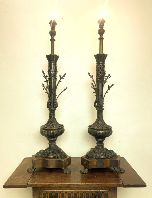 Large Bronze and Wood Sculptural Branch Shaped Table Lamps in the style of Louis Seize, France, 1890s, Set of 2