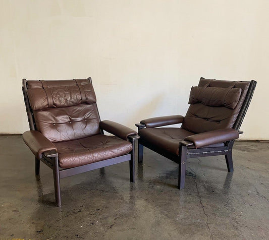 Large Brown Leather Model Amigo Armchairs from Ekornes, Sweden, 1970s, Set of 2