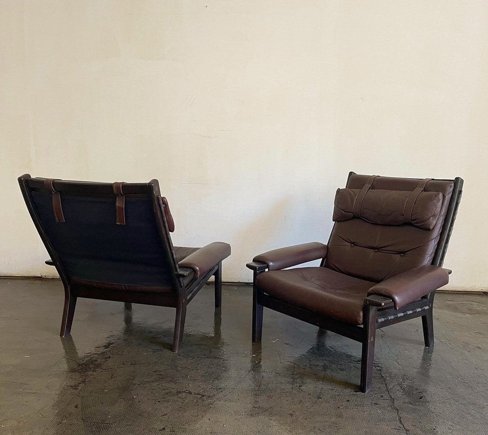 Large Brown Leather Model Amigo Armchairs from Ekornes, Sweden, 1970s, Set of 2