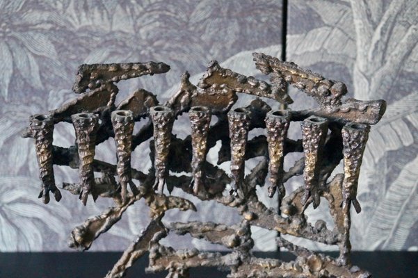 Large Brutalist Hand-Forged Iron Menorah in the Style of David Palombo, Israel, 1960s-DVX-1059266