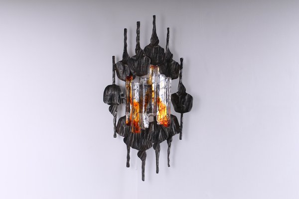 Large Brutalist Metal and Glass Sconce attributed to Tom Ahlstrom and Hans Ehrich, 1970s-XT-1378378