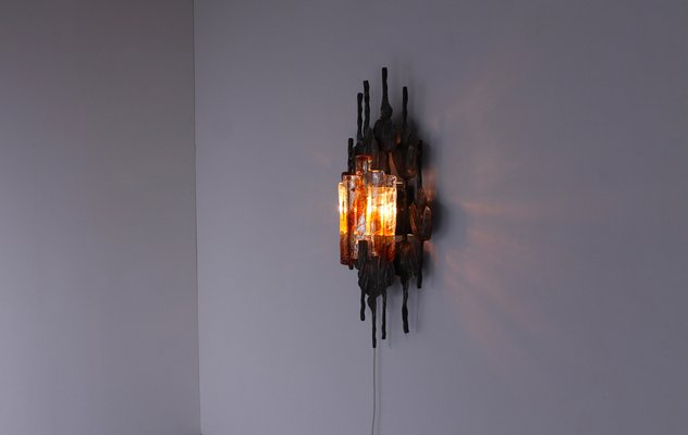 Large Brutalist Metal and Glass Sconce attributed to Tom Ahlstrom and Hans Ehrich, 1970s-XT-1378378