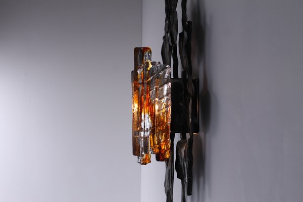 Large Brutalist Metal and Glass Sconce attributed to Tom Ahlstrom and Hans Ehrich, 1970s-XT-1378378