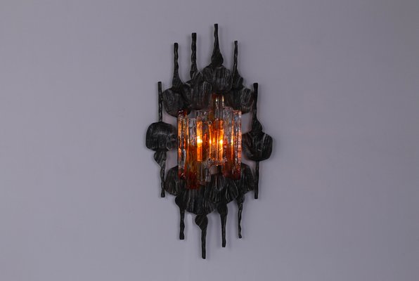 Large Brutalist Metal and Glass Sconce attributed to Tom Ahlstrom and Hans Ehrich, 1970s-XT-1378378