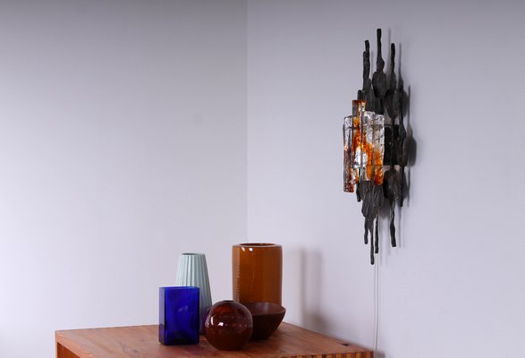 Large Brutalist Metal and Glass Sconce attributed to Tom Ahlstrom and Hans Ehrich, 1970s-XT-1378378