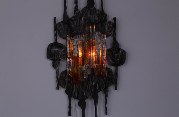 Large Brutalist Metal and Glass Sconce attributed to Tom Ahlstrom and Hans Ehrich, 1970s-XT-1378378