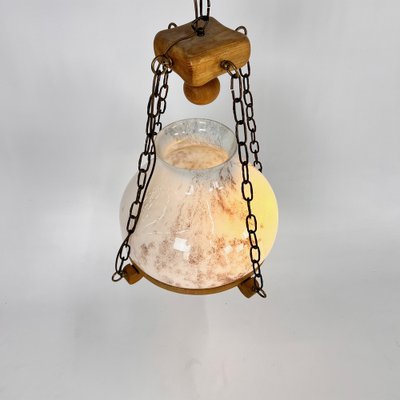 Large Brutalist Oak and Marbled Glass Pendant, 1960s-RMX-1796283