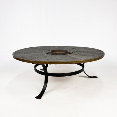 Large Brutalist Steel and Slate Coffee Table, 1960s-RMX-1820954