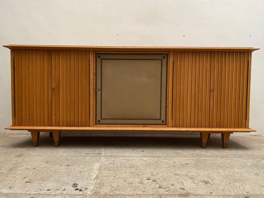 Large Brutalist Style Sideboard with Slatted Front by De Coene, 1940s, Belgium-KL-834397