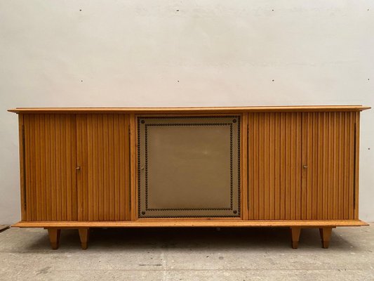 Large Brutalist Style Sideboard with Slatted Front by De Coene, 1940s, Belgium-KL-834397