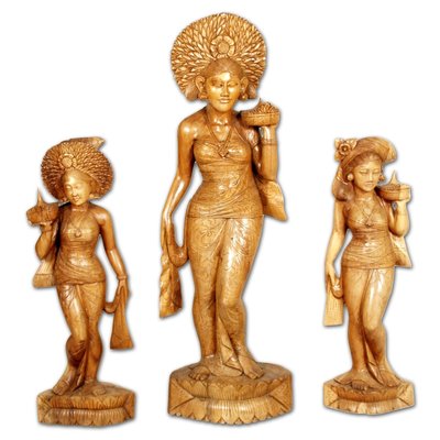 Large Carved and Engraved Teak Statues of Women, 1930s, Set of 3-NJV-853150