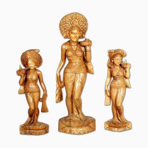 Large Carved and Engraved Teak Statues of Women, 1930s, Set of 3-NJV-853150