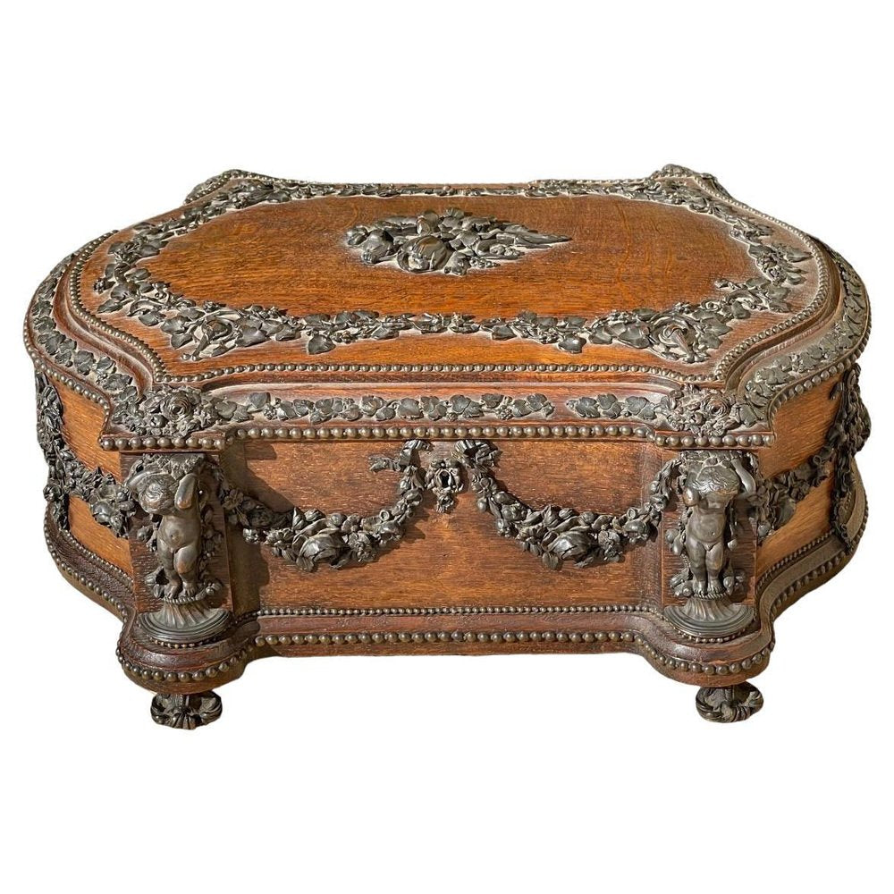 Large Carved Wooden Box with Bronze Garlands from Maison Tahan